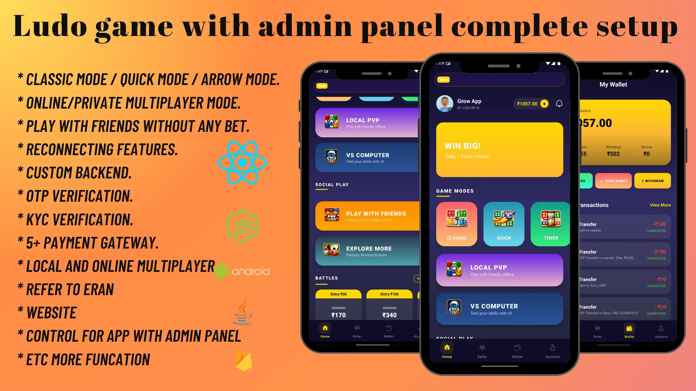 Ludo Game Source Code | React Native App + Node.js Backend + MongoDB + Next.js Admin Panel
